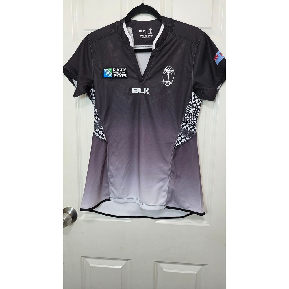 NEW‎ BLK Fiji Rugby World Cup 2015 Jersey Women 12 Black Grey Ombre Active Shirt